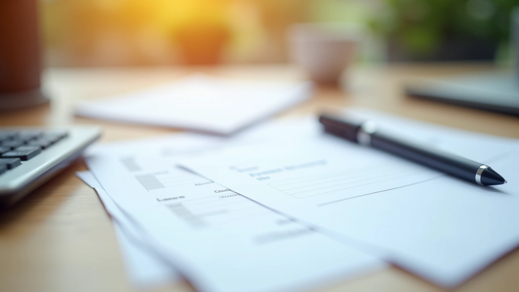 Bureau de travail avec documents fiscaux, stylo, et calculatrice pour préparer la déclaration d'impôts annuelle