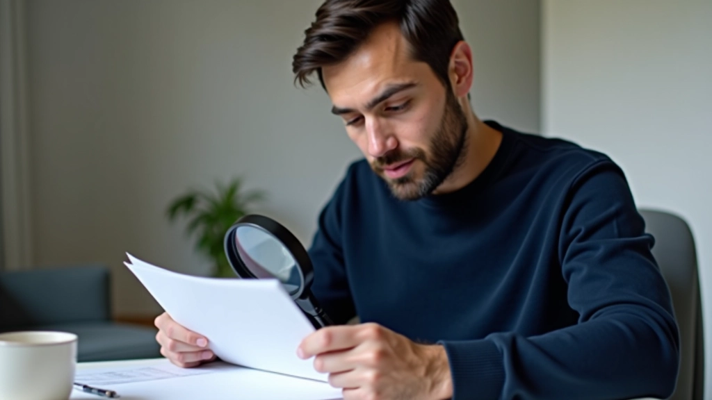 Personne tenant une loupe au-dessus d'un document fiscal pour vérifier les détails et les montants