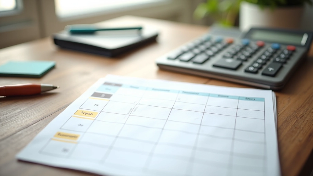 Bureau organisé avec calendrier fiscal, dossier de documents de dons et services, calculatrice et stylo bleu