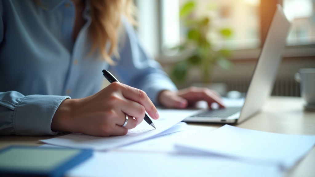 Personne consultant des documents fiscaux sur un ordinateur portable dans un bureau lumineux