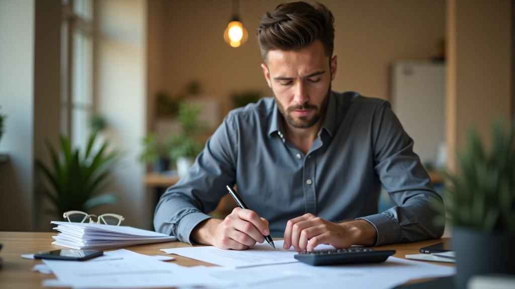 Professionnel travaillant avec documents fiscaux sur un bureau, montrant l'expertise et la concentration, environnement de travail calme et organisé