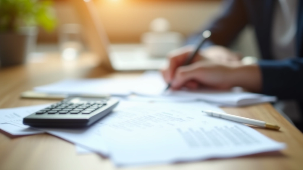 Bureau de travail avec documents fiscaux, calculatrice et stylo sur surface en bois